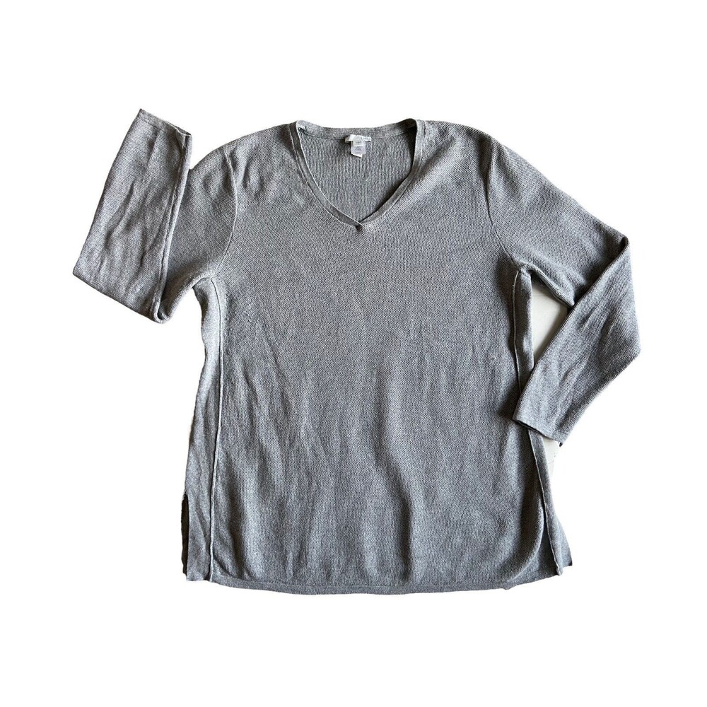 J Jill Womens Tunic Sweater Size L‎ Gray Wool Silk Blend V-Neck Classic Casual